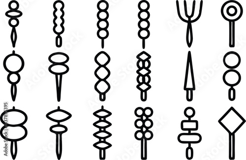 Outline icon set of skewers for food related designs isolated on transparent background