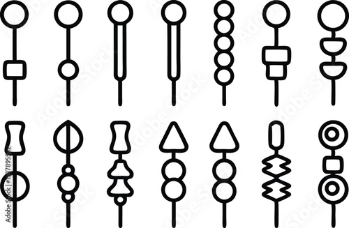 Outline icon set of skewers for food and barbecue designs isolated on transparent background