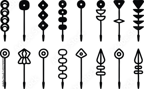 Outline icon set of skewers for grilling food preparation isolated on transparent background