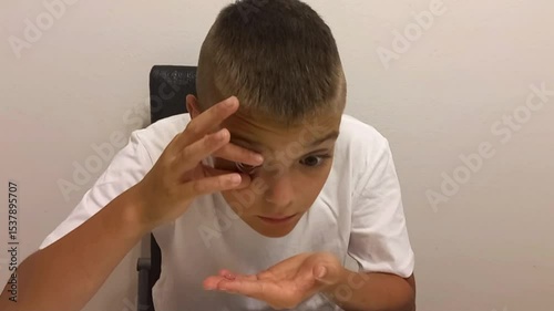Boy putting on orthokeratology hard night contact lenses while sitting at table indoors