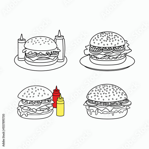 Burger and Condiment Coloring Page – Tasty Fast Food Printable Outline Set