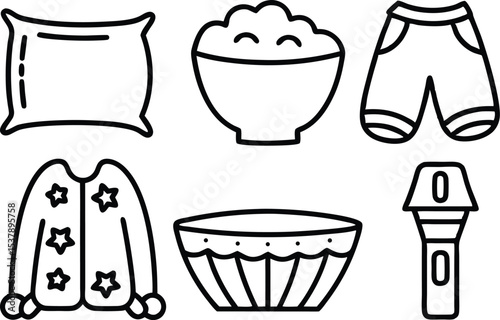 Outline icon set of sleepover party elements isolated on transparent background