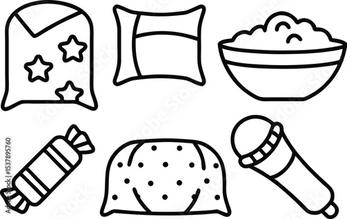 Outline sleepover party icons set isolated on transparent background