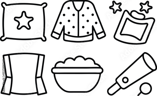 Sleepover party icons outline style set isolated on transparent background