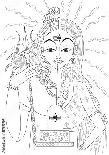 Ardhanarishvara - Shiva and Parvati Divine Union Line Art, Line art illustration depicting Ardhanarishvara, the composite form of Lord Shiva and Goddess Parvati, symbolizing the synthesis of 