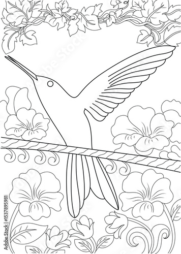 Hummingbird and Flowers Line Art Coloring Page, Detailed line art illustration of a hummingbird perched on a branch surrounded by blooming flowers and leaves, designed as a coloring page for adults 