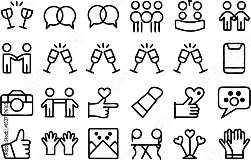 Outline social gathering icons set for digital projects isolated on transparent background