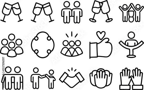Outline social gathering icons set isolated on transparent background
