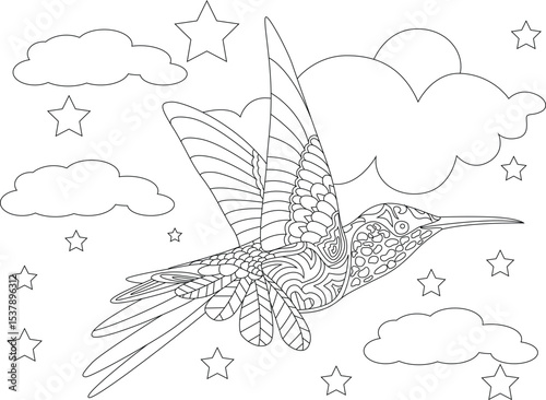 Intricate Hummingbird Coloring Page with Stars and Clouds, Black and white line art illustration of a beautiful hummingbird in flight among clouds and stars, featuring intricate patterns on the 