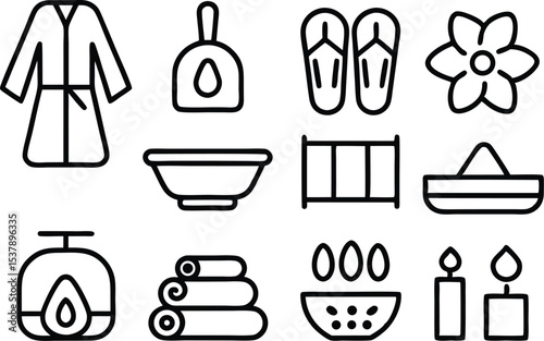 Spa essentials flat icon set featuring various spa treatment icons isolated on transparent background