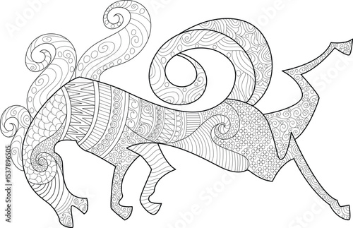 Intricate Stylized Horse Line Art, A detailed black and white line drawing of a stylized horse filled with intricate patterns and zentangle-inspired designs. Ideal for coloring books, relaxation, 