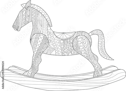 Detailed Zentangle Rocking Horse Line Art, Black and white line art illustration featuring a classic wooden rocking horse decorated with intricate zentangle-style patterns. Perfect for coloring 
