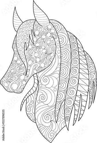 Zentangle Stylized Horse Head Illustration, Detailed black and white line art illustration of a horse head filled with intricate zentangle and abstract patterns. Ideal for coloring books, adult 