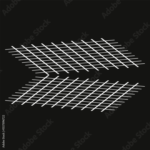 Distorted mesh shape. Perspective vector grid. Black background layout. Twisted geometric lines.