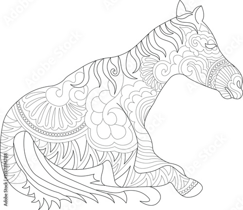 Intricate Zentangle Horse Coloring Page, Black and white line art illustration of a horse in a sitting position, decorated with intricate Zentangle and mandala inspired patterns. Perfect for adult 