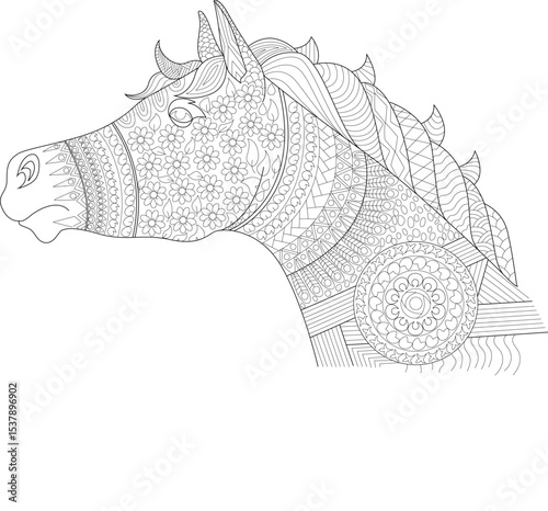 Detailed Zentangle Horse Head Coloring Page, An intricate black and white line drawing of a horse head featuring detailed zentangle patterns and mandala-inspired elements. Ideal for adult coloring 