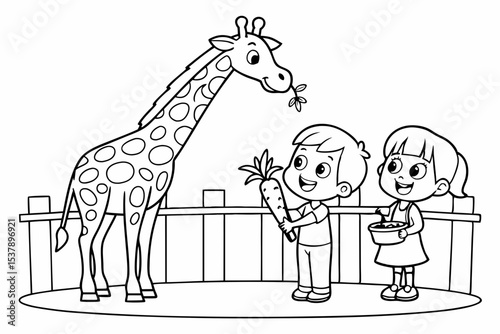 coloring page for kids, two children on a platform feeding a tall giraffe a carrot, smiling faces, simple style, thick outlines, black and white