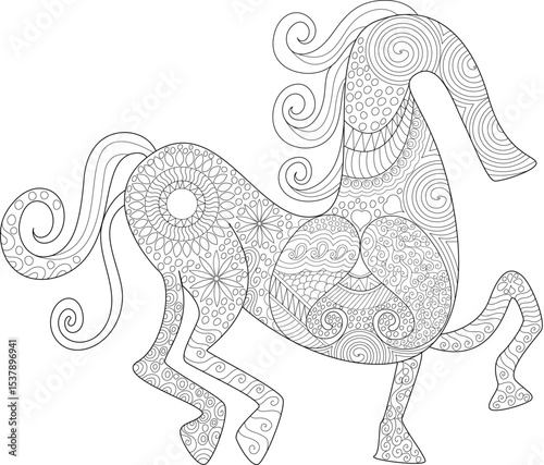 Zentangle Horse Line Art for Coloring, Intricate line art illustration of a horse adorned with detailed zentangle patterns, perfect for adult coloring books, relaxation, meditation, or decorative 