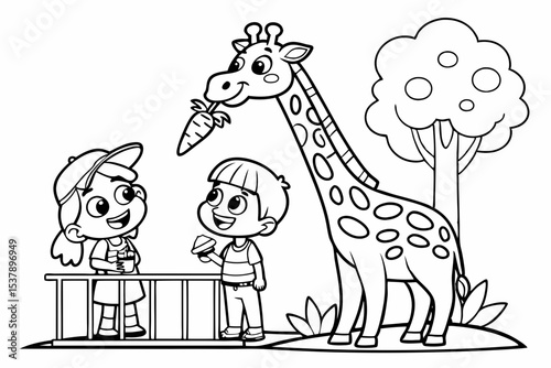 coloring page for kids, two children on a platform feeding a tall giraffe a carrot, smiling faces, simple style, thick outlines, black and white