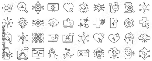 Large collection of digital healthcare line icons. Diagnosis, technology, applications, etc. Editable stroke