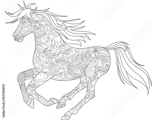 Abstract Patterned Running Horse Line Art, Detailed black and white line art illustration of a running horse filled with intricate abstract patterns, swirls, and shapes, suitable for adult coloring 