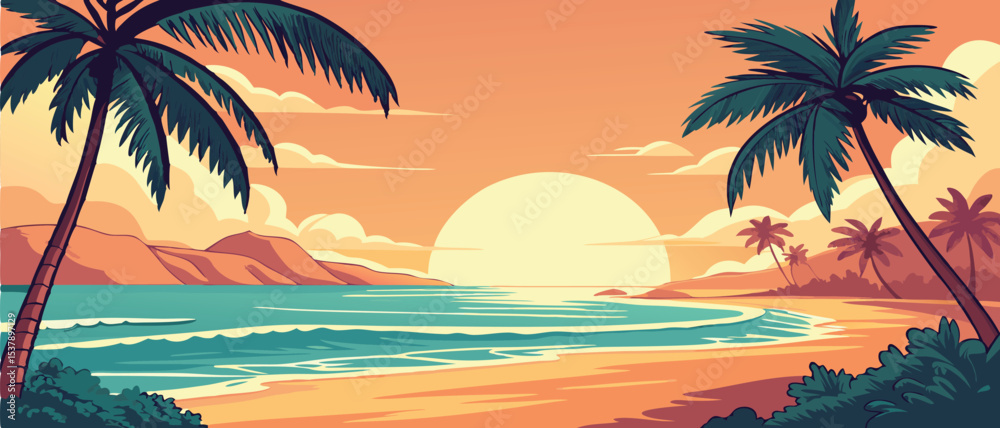 Obraz premium Sunset Over Tropical Ocean Beach with Palms
