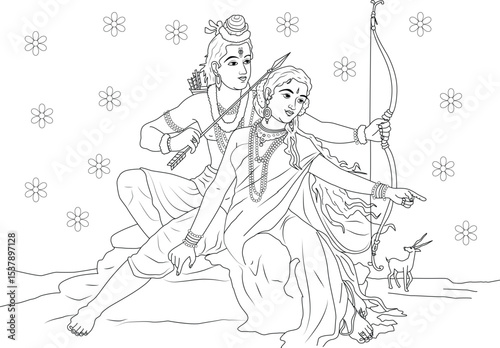 Lord Rama and Sita with Bow and Arrow Pointing at Deer in Forest, A black and white line art illustration depicting a scene from the Hindu epic Ramayana. Lord Rama holds a bow and arrow, preparing 