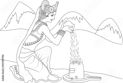 Parvati Mata Worshiping Shiva Lingam Line Art, Line art illustration depicting the Hindu goddess Parvati Mata performing a ritualistic offering (Abhishek) upon a Shiva Lingam, set against a backdrop 