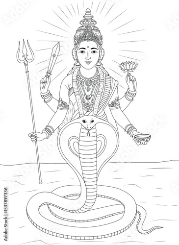 Line Art Illustration of Hindu Goddess Nagneshwari Ma with Cobra, Black and white line art illustration depicting Nagneshwari Ma, a Hindu goddess often associated with snakes (naga). She is shown 