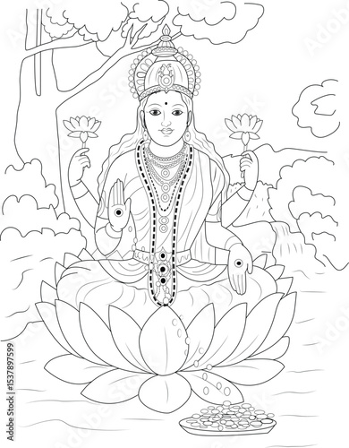 Hindu Goddess Lakshmi Mata Line Art, Line art illustration of Lakshmi Mata, the Hindu goddess of wealth, prosperity, and fortune. She is depicted seated on a lotus flower, holding lotuses, giving 