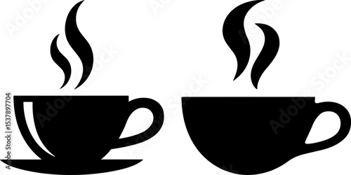 Two black coffee cups with steam rising on a white background in a simple vector style silhouette
