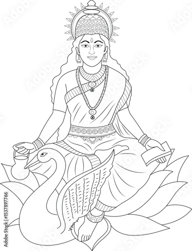 Line Art Illustration of Hindu Goddess Gayatri Devi, A black and white line drawing of the Hindu goddess Gayatri Devi, depicted sitting on a lotus flower with her vehicle, a swan (hamsa). She is 
