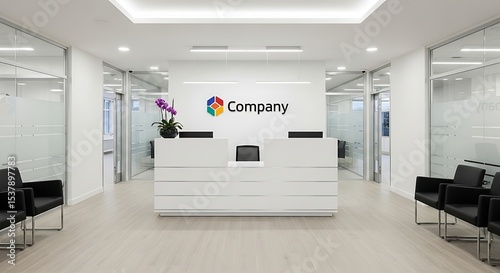 Modern Corporate Reception Area with White Desk and Waiting Room Chairs