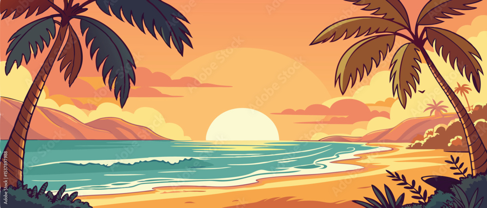 Fototapeta premium Tropical Beach Sunset with Palm Trees Landscape