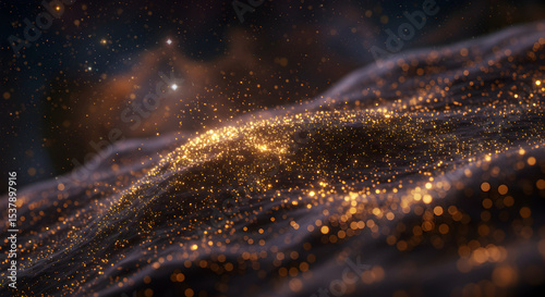 Abstract golden particles flowing in the dark universe, bokeh background, macro shot