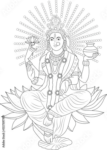 Goddess Ganga Line Art, Black and white line drawing of Goddess Ganga, the Hindu deity personifying the sacred Ganges river. She is depicted seated on a lotus flower, holding a lotus and a pot of 
