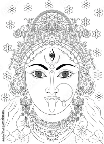 Kali Mata Line Art Illustration, Black and white line art illustration of Hindu goddess Kali Mata, perfect for coloring pages, spiritual themes, or Indian culture designs. 