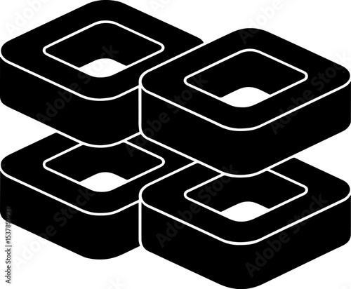 A monochrome  silhouette of four stacked geometric shapes with rounded edges and holes