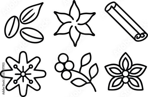 Outline icon set of culinary spice garnishes for food and beverage design