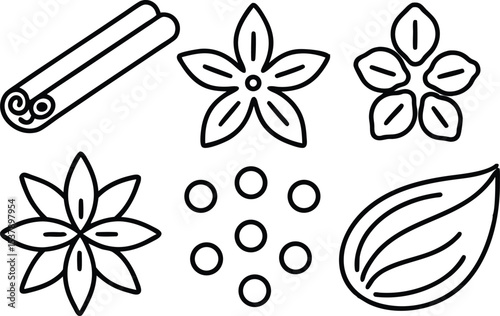 Outline icon set of culinary spice garnishes for design projects