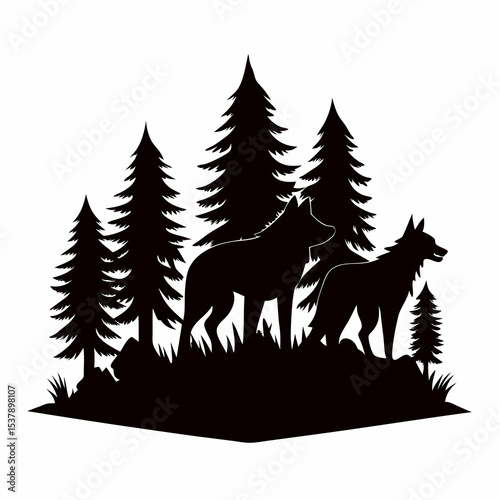 Elegant Black and White Wolf Silhouette in Forest Vector Design for Prints