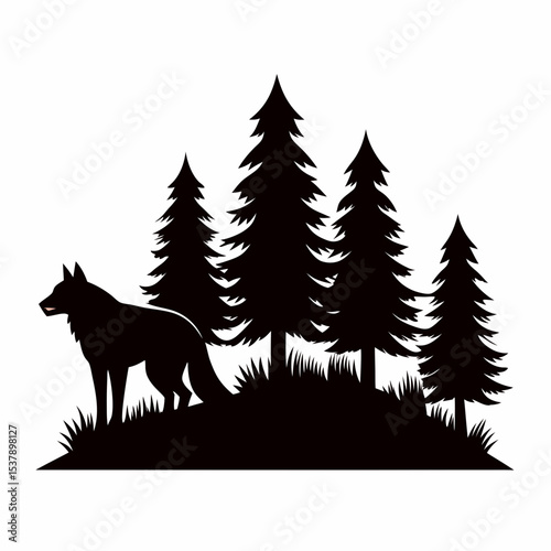 High-Quality Wolf and Pine Tree Silhouette Vector Illustration for Design Projects