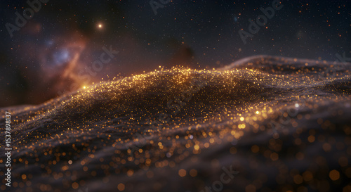 Abstract representation of a landscape with a starry sky and golden particles
