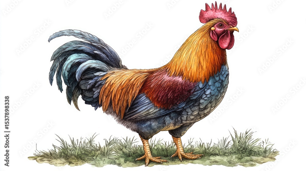 Fototapeta premium Rooster standing in grassy field illustration