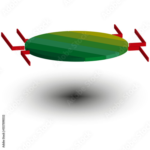 Green oval shape. Red arrow elements. Vector motion form. White background shadow.