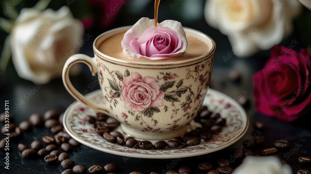 Rose-adorned coffee being poured into antique cup, surrounded by roses and coffee beans Rose-adorned coffee being poured into antique cup, surrounded by roses and coffee beans