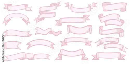 Pink ribbon banners collection. Big ribbons set. Ribbons collection isolated on white background.