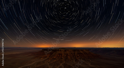 Captivating Star Trails Over A Desert Landscape At Night With Orange Hues