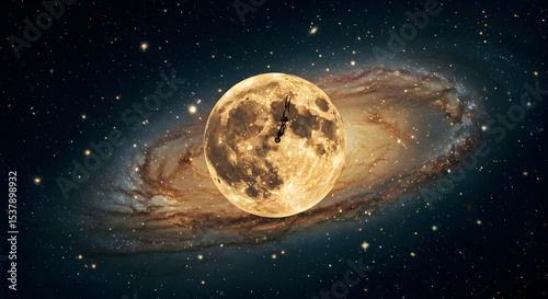 Conceptual depiction of time, space, and the universe with a clock on the moon