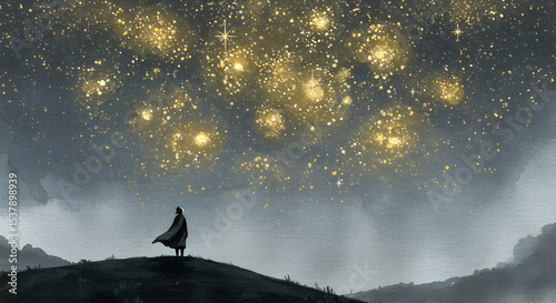 Contemplative Figure Gazing at a Dazzling Night Sky, Artistic Illustration